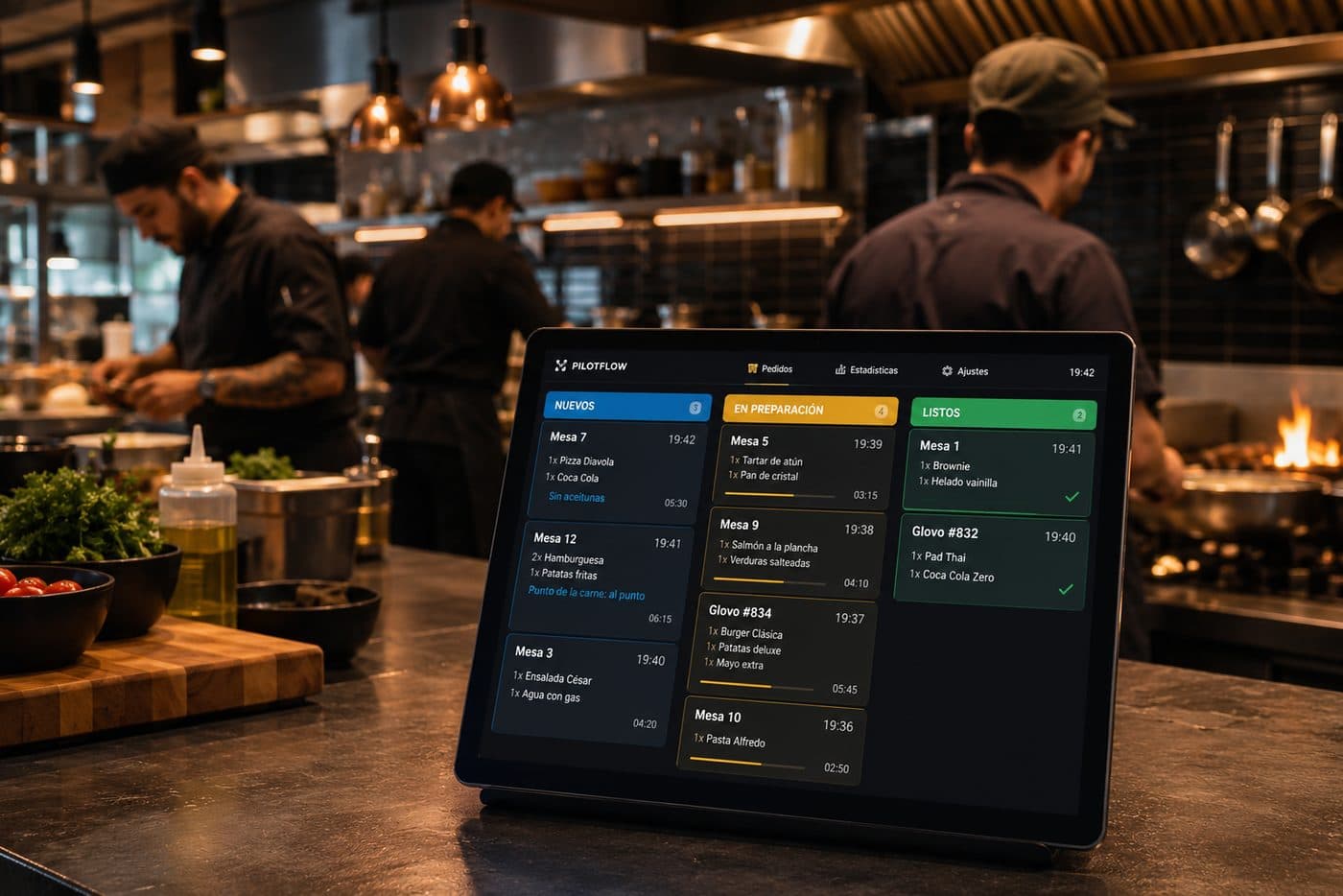 Pantalla de cocina KDS de PilotFlow en una cocina de restaurante